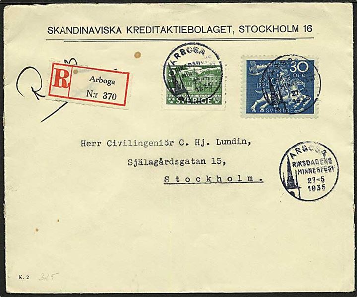 30 öre UPU 50 år og 5 öre Riksdagen på anbefalet brev annulleret med særstempel fra Arboga d. 27.5.1935 til Stockholm.