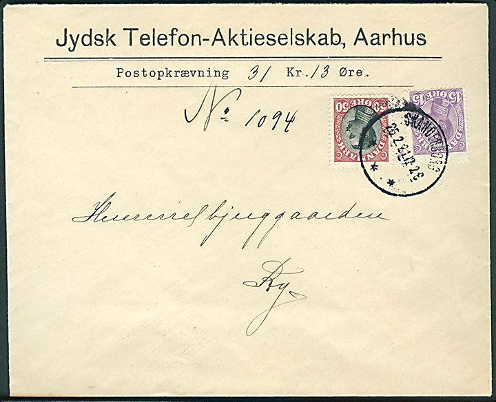 15 øre og 50 øre Chr. X på brev fra Jydsk Telefon-Aktieselskab sendt med postopkrævning fra Skanderborg d. 25.2.1921 til Himmelbjerggaarden, Ry.