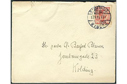 10 øre Chr. X på brev annulleret med vanskeligt bureaustempel Kjøbenhavn - Nyborg T.31 d. 17.4.1919 til Kolding.