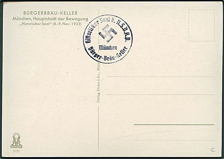 München, Bürgerbräukeller. Rammen for det såkaldte Ølkælderkup under ledelse af Adolf Hitler d. 8.-9.11.1923. Preiss & Co. no. 7070.