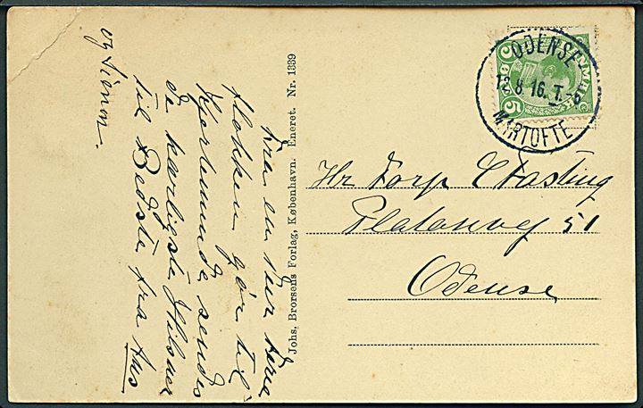 5 øre Chr. X på brevkort (Lundsgaards Klint ved Kerteminde) annulleret med bureaustempel Odense - Martofte T.5 d. 12.8.1916 til Odense. Hj. knæk.