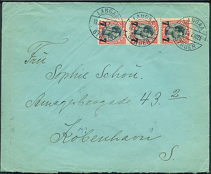 7/27 øre Provisorium i 3-stribe på brev fra Skive annulleret med bureaustempel Langaa - Struer T.1026 d. 19.7.1926 til København.