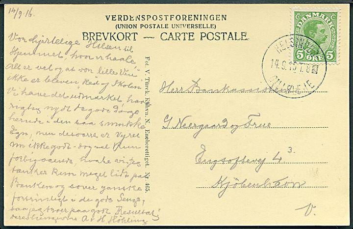 5 øre Chr. X på brevkort (Pensionat Solvang, Hellebæk) annulleret med brotype IIIe bureaustempel Helsingør - Gilleleje T.8 d. 14.9.1916 til København.