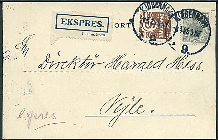 5 øre Bølgelinie og 50 øre Chr. X på 55 øre frankeret ekspresbrevkort fra Kjøbenhavn d. 8.4.1925 til Vejle.