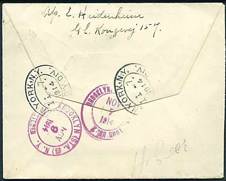 5 øre (4) og 15 øre Chr. X på 35 øre frankeret anbefalet brev fra Kjøbenhavn d. 17.10.1914 til Brooklyn, USA. Ank.stemplet Brooklyn d. 9.11.1914.