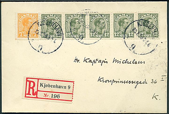 7 øre og 12 øre (5-stribe) Chr. X på anbefalet lokalbrev i København d. 20.2.1920. 