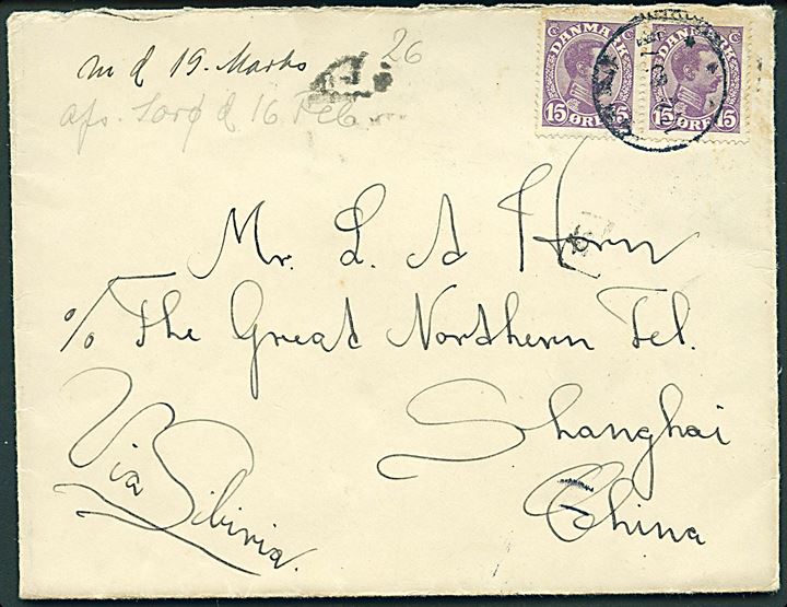 15 øre Chr. X i parstykke på brev fra Sorø d. 16.2.1926 til Shanghai, Kina. Påskrevet via Sibiria. Ank.stemplet i Shanghai d. 19.3.1926.