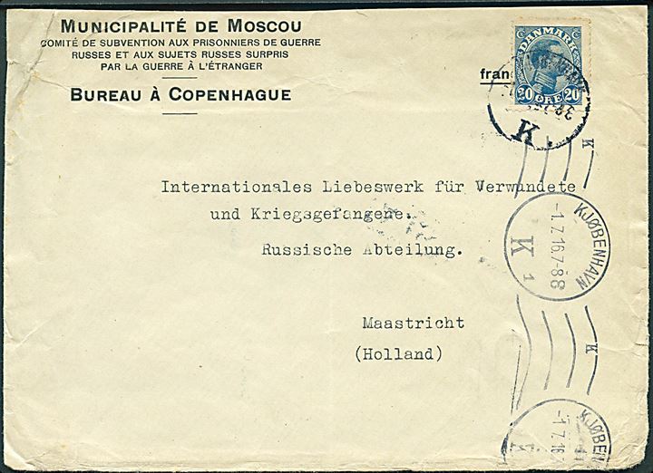 20 øre Chr. X på fortrykt Røde Kors kuvert fra København d. 1.7.1916 til Maastricht, Holland. Kuvert afkortet i toppen.