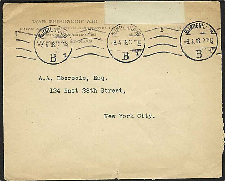 Ufrankeret fortrykt krigsfangeforsendelse fra War Prisoners' Aid i København d. 3.4.1918 til New York, USA. Åbnet af britisk censur no. 1361.