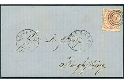 4 sk. Krone/Scepter på brev annulleret med nr.stempel 1 og sidestemplet Kiøbenhavn d. 6.9.1866 til Ringkjøbing.