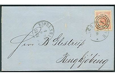 4 sk. Krone/Scepter på brev annulleret med nr.stempel 1 og sidestemplet Kiøbenhavn d. 4.9.1866 til Ringkjøbing.