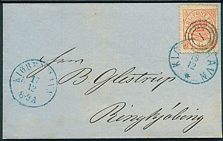 4 sk. Krone/Scepter på brev annulleret med nr.stempel 1 og sidestemplet Kiøbenhavn d. 17.12.1868 til Ringkjøbing.
