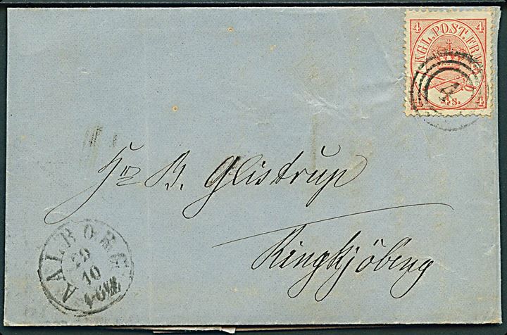 4 sk. Krone/Scepter på brev annulleret med nr.stempel 4 og sidestemplet antiqua Aalborg d. 29.10.1867 til Ringkjøbing.