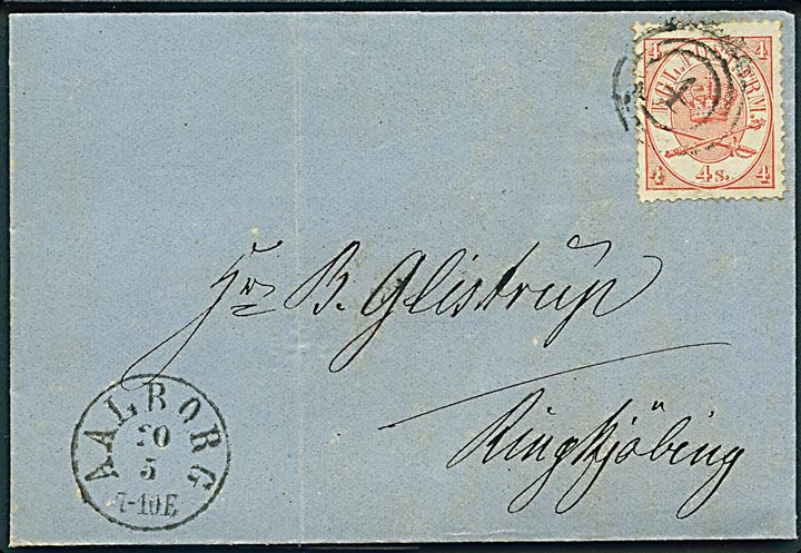 4 sk. Krone/Scepter på brev annulleret med nr.stempel 4 og sidestemplet antiqua Aalborg d. 20.5.1868 til Ringkjøbing.