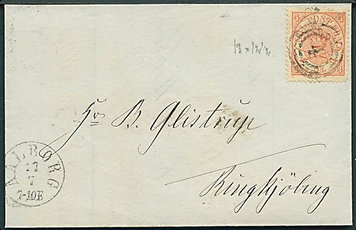 4 sk. Krone/Scepter på brev annulleret med nr.stempel 4 og sidestemplet antiqua Aalborg d. 27.7.1868 til Ringkjøbing.