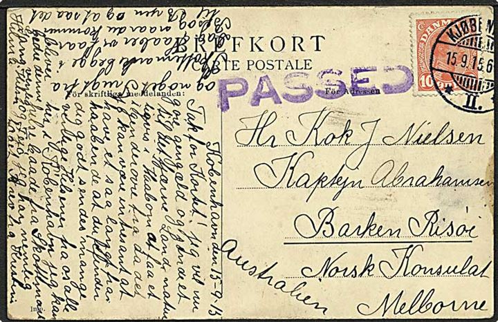 10 øre Chr. X single på brevkort fra Kjøbenhavn II d. 15.9.1915 til kaptajn på Barken Risóe c/o Norske Konsulat i Melbourne, Australien. Stort australsk censurstempel PASSED.