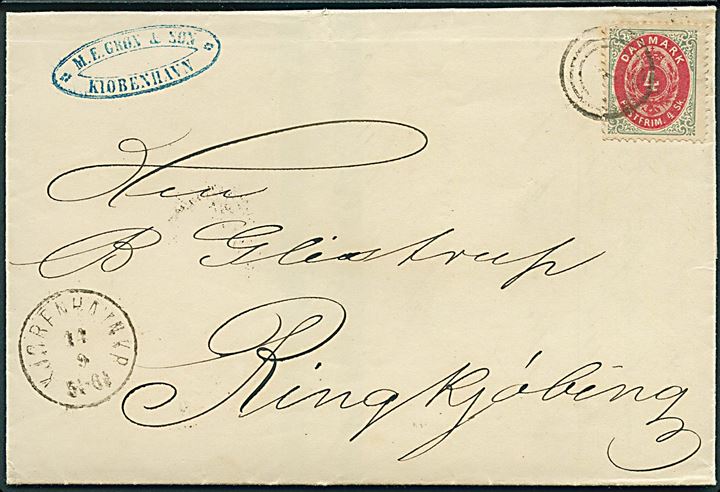 4 sk. Tofarvet på brev annulleret med nr.stempel 1 og sidestemplet lapidar Kjøbenhavn KB d. 14.9.1872 til Ringkjøbing.