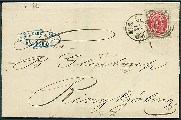 4 sk. Tofarvet på brev fra Kjøbenhavn annulleret med kombineret nr.stempel 181/Sjæll.P.B. d. 5.12.1872 til Ringkjøbing.