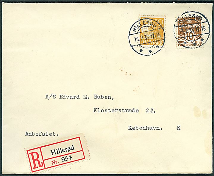 10 øre Bølgelinie og 30 øre Karavel på anbefalet brev fra Hillerød d. 14.2.1933 til København.