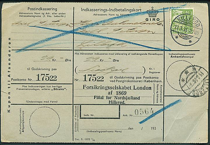 40 øre Karavel på retur Indkasserings-Indbetalingskort annulleret med brotype Id Hillerød d. 13.3.1936 til Lillerød. Folder.