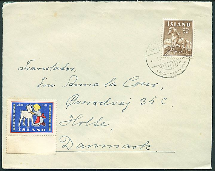 2,25 kr. Hest single på brev med Thorvaldsen Foreningen julemærke 1958 fra Reykjavik d. 10.12.1958 til Holte, Danmark.