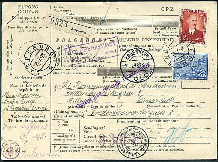 40 øre Postjubilæum og 2 kr. Haakon på adressekort for pakke fra Sarpsborg d. 16.7.1948 via Oslo og København til Hillerød, Danmark.