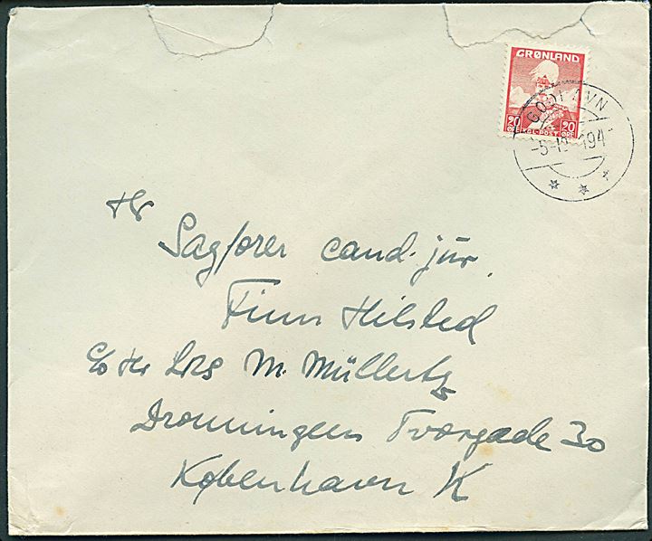 20 øre Chr. X på brev fra Godhavn d. 5.10.1947 til København. På bagsiden stemplet (krone) / Landsfogeden i Nordgrønland. Urent åbnet i toppen.