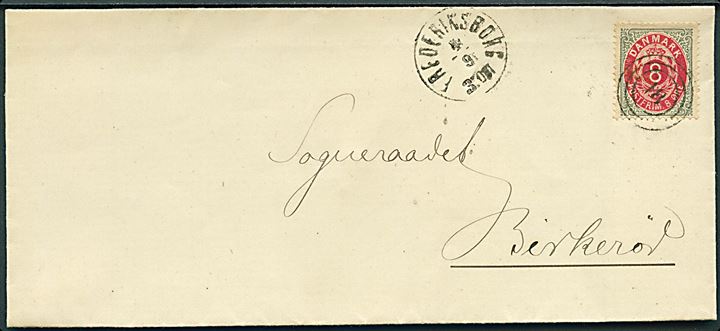 8 øre Tofarvet på brev annulleret med nr.stempel 18 og sidestemplet lapidar Frederiksborg d. 4.9.18xx til Birkerød. På bagsiden noteret: 1877.