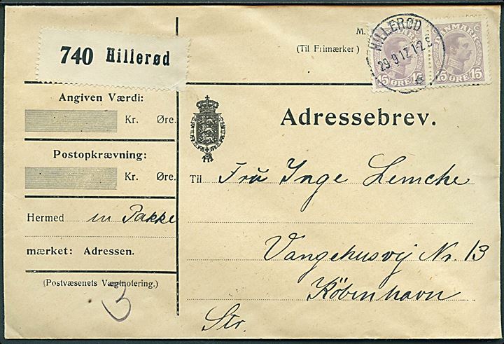 15 øre Chr. X i parstykke på adressebrev fra Hillerød d. 29.9.1917 til København.