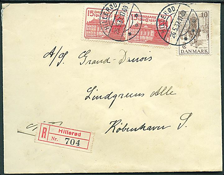 10 øre og 15 øre (par) Regentjubilæum på anbefalet brev fra Hillerød d. 26.5.1937 til København.