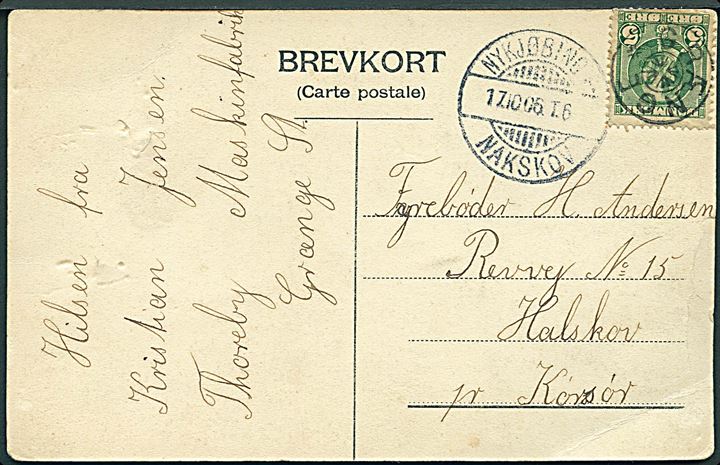 5 øre Chr. IX på brevkort (Hilsen fra Thoreby) annulleret med stjernestempel GRÆNGE og sidestemplet Nykjøbing F. - Nakskov T.6 d. 17.10.1906 til Halskov pr. Korsør. Kort med diverse skader.