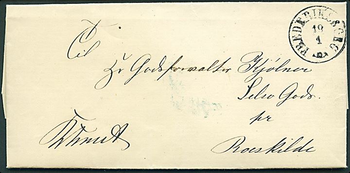 1860. Ufrankeret tjenestebrev mærket K.T.m.A. med antiqua Frederiksborg d. 19.1.1860 til Selsö Gods pr. Roskilde.