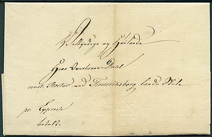 1835. Francobrev mærket Betalt og pr. Express med indhold dateret Fredensborg d. 5.12.1835 til Frederiksborg lærde Skole. Fuldt indhold.