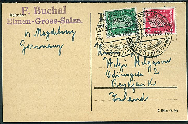 5 pfg. Schiller og 10 pfg. Fr. d. Grosse på brevkort fra Bad Salzelmen d. 16.5.1927 til Reykjavik, Island.