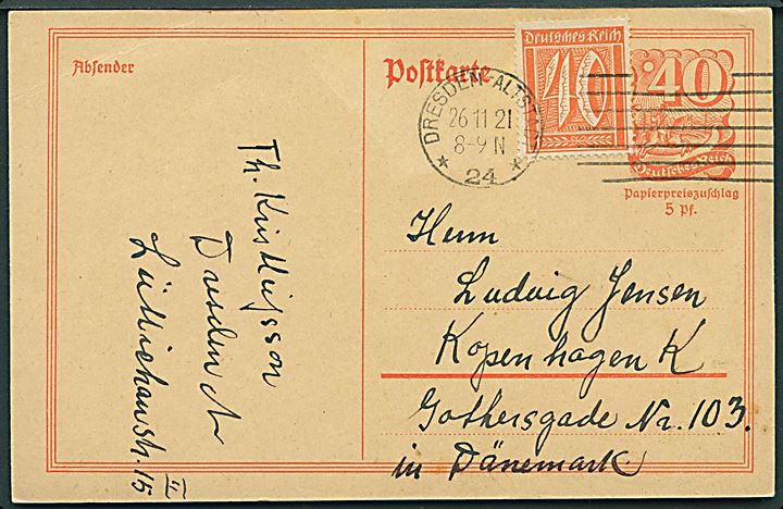 40 pfg. helsagsbrevkort opfrankeret med 40 pfg. Ciffer fra Dresden d. 26.11.1921 til København, Danmark.