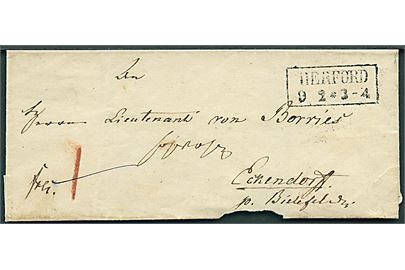 Ufrankeret francobrev med rammestempel Herford d. 9.2.18xx til Lieutnant von Borries i Eckendorf p. Bielefeld.