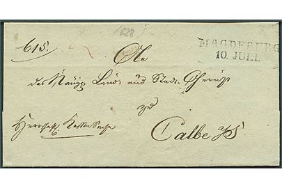 1828. Tjenestebrev med 2-liniestempel Magdeburg d. 10.7.1828 til Calbe. På bagsiden papirsegl.
