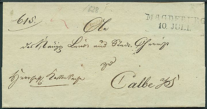 1828. Tjenestebrev med 2-liniestempel Magdeburg d. 10.7.1828 til Calbe. På bagsiden papirsegl.