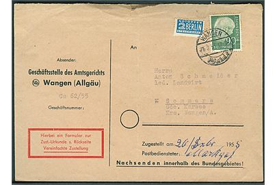 90 pfg. Heuss og 2 pfg. Berlin Notopfer på brev med modtagelsesbevis fra Wangen d. 25.2.1955 til Sommers. Fold.