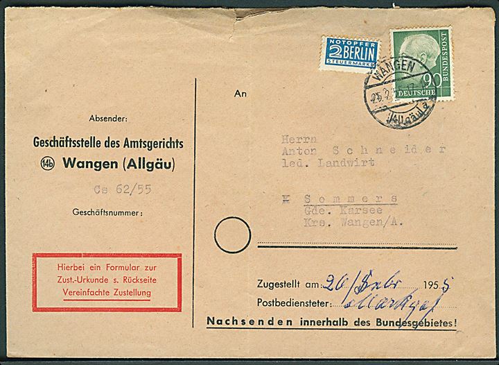 90 pfg. Heuss og 2 pfg. Berlin Notopfer på brev med modtagelsesbevis fra Wangen d. 25.2.1955 til Sommers. Fold.