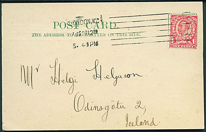 1d George V på brevkort fra London d. 27.8.1912 til Reykjavik, Island.