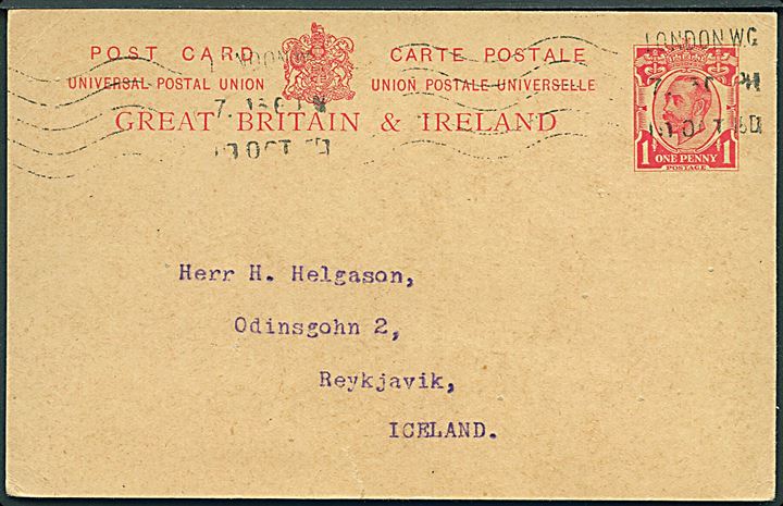1d George V helsagsbrevkort fra London d. 19.10.1915 til Reykjavik, Island. Uden censur. Rift.