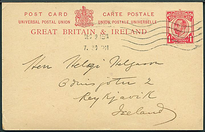1d George V helsagsbrevkort fra London d. 9.12.1915 til Reykjavik, Island. Uden censur.