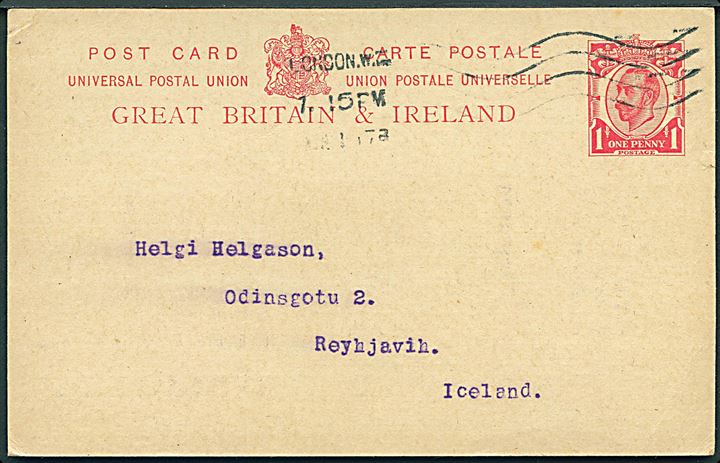 1d George V helsagsbrevkort fra London d. 1.6.1917 til Reykjavik, Island. Uden censur.