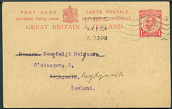 1d George V helsagsbrevkort fra London d. 1.11.1915 til Reykjavik, Island. Uden censur.