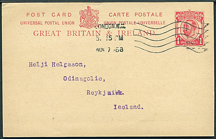 1d George V helsagsbrevkort fra London d. 7.11.1916 til Reykjavik, Island. Uden censur.