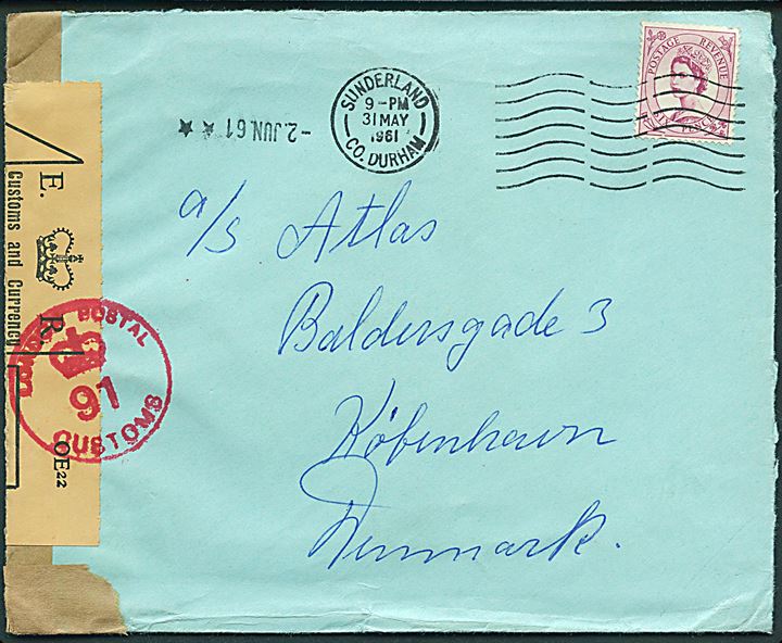 6d Elizabeth single på brev fra Sunderland d. 31.5.1961 til København, Danmark. Åbnet af britisk toldkontrol.