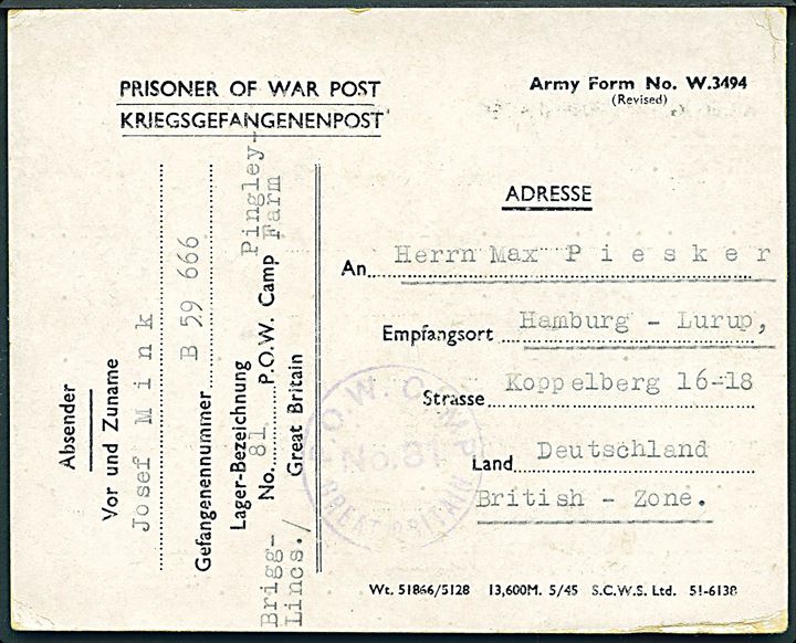 Ufrankeret fortrykt krigsfangebrevkort fra tysk krigsfange i 81 P.O.W. Camp Pingley Farm, Brigg, England dateret d. 10.12.1946 til Hamburg, Tyskland. 