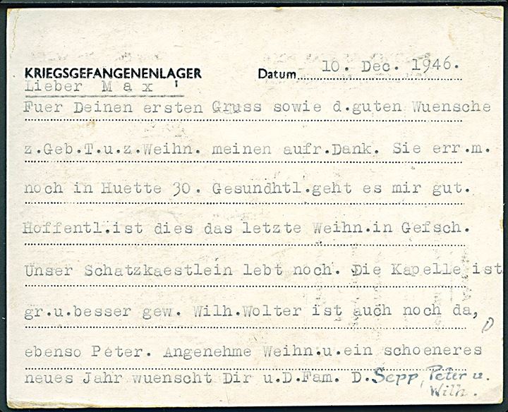 Ufrankeret fortrykt krigsfangebrevkort fra tysk krigsfange i 81 P.O.W. Camp Pingley Farm, Brigg, England dateret d. 10.12.1946 til Hamburg, Tyskland. 