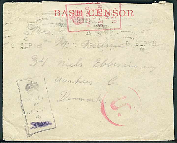 Ufrankeret britisk feltpostbrev med svagt stempel d. 5.9.1918 til Aarhus, Danmark. Bort-censureret unit censor og åbnet af Base Censor med rødt stempel S som markering af feltpost til udlandet.